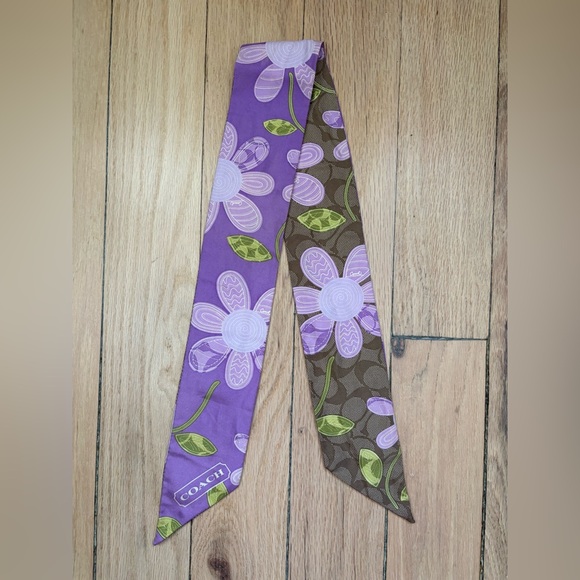 Coach Purple and Brown Floral Bag Scarf - Picture 1 of 5